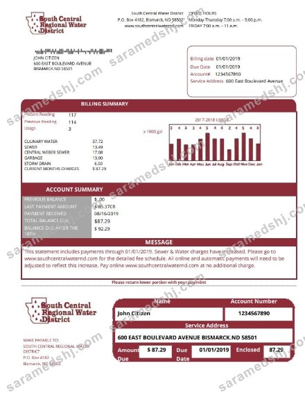USA North Dakota South Central Regional Water District utility bill template in Word and PDF format